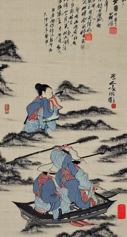 Fisherman on River in Chinese Ink Wash Style