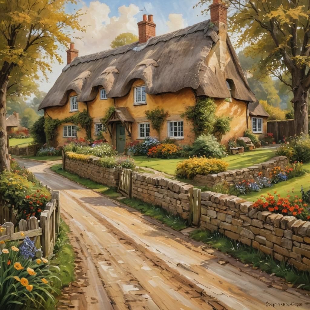 English Cottage Painting with Impasto Texture