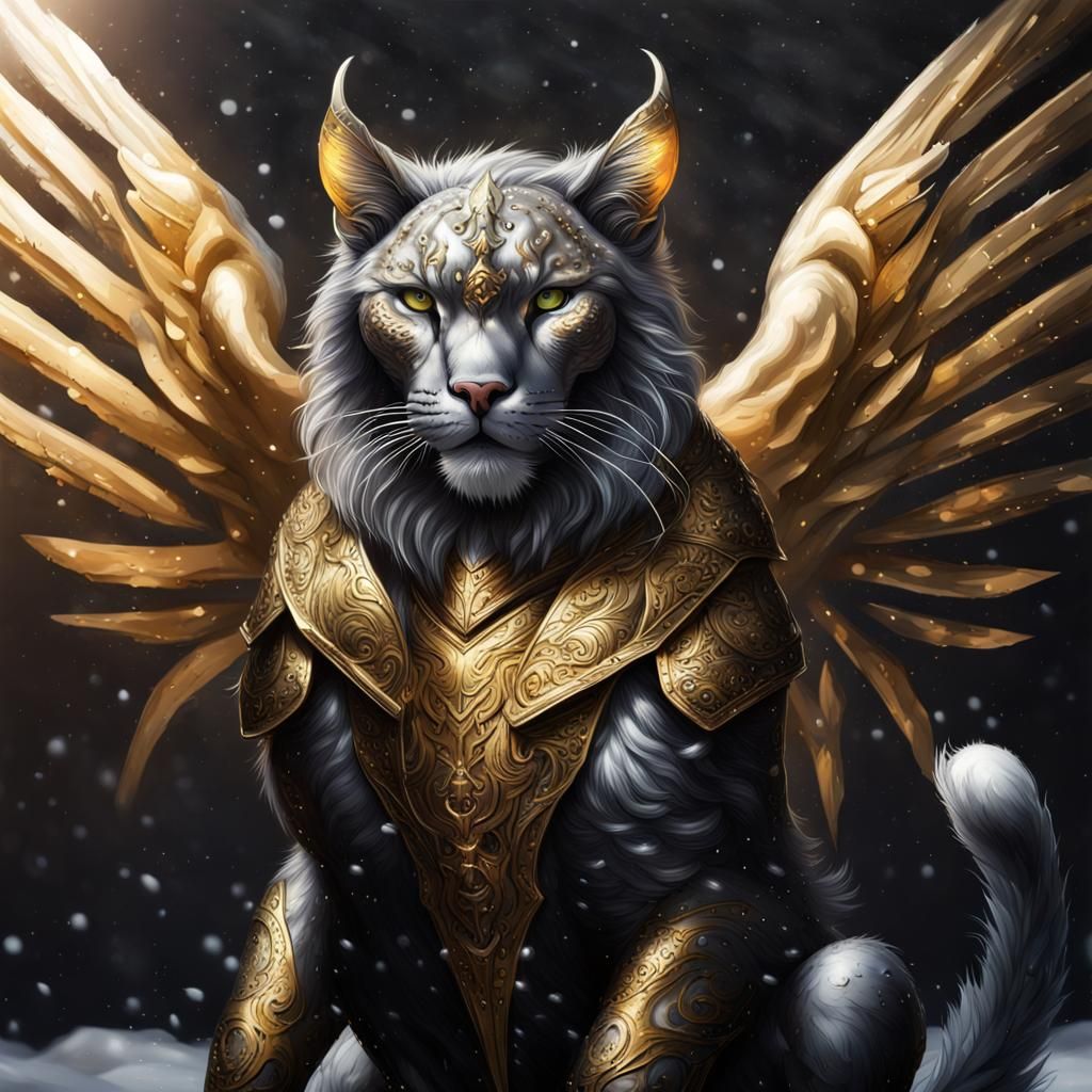 Armored Mystical Cat with Wings in Snow