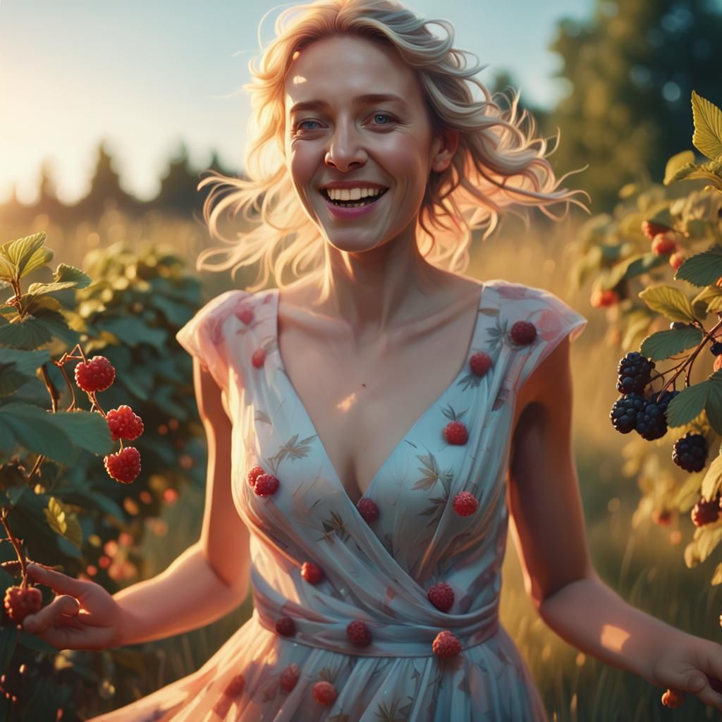 Smiling Bride in Berries Dress: Hyperrealistic Digital Art