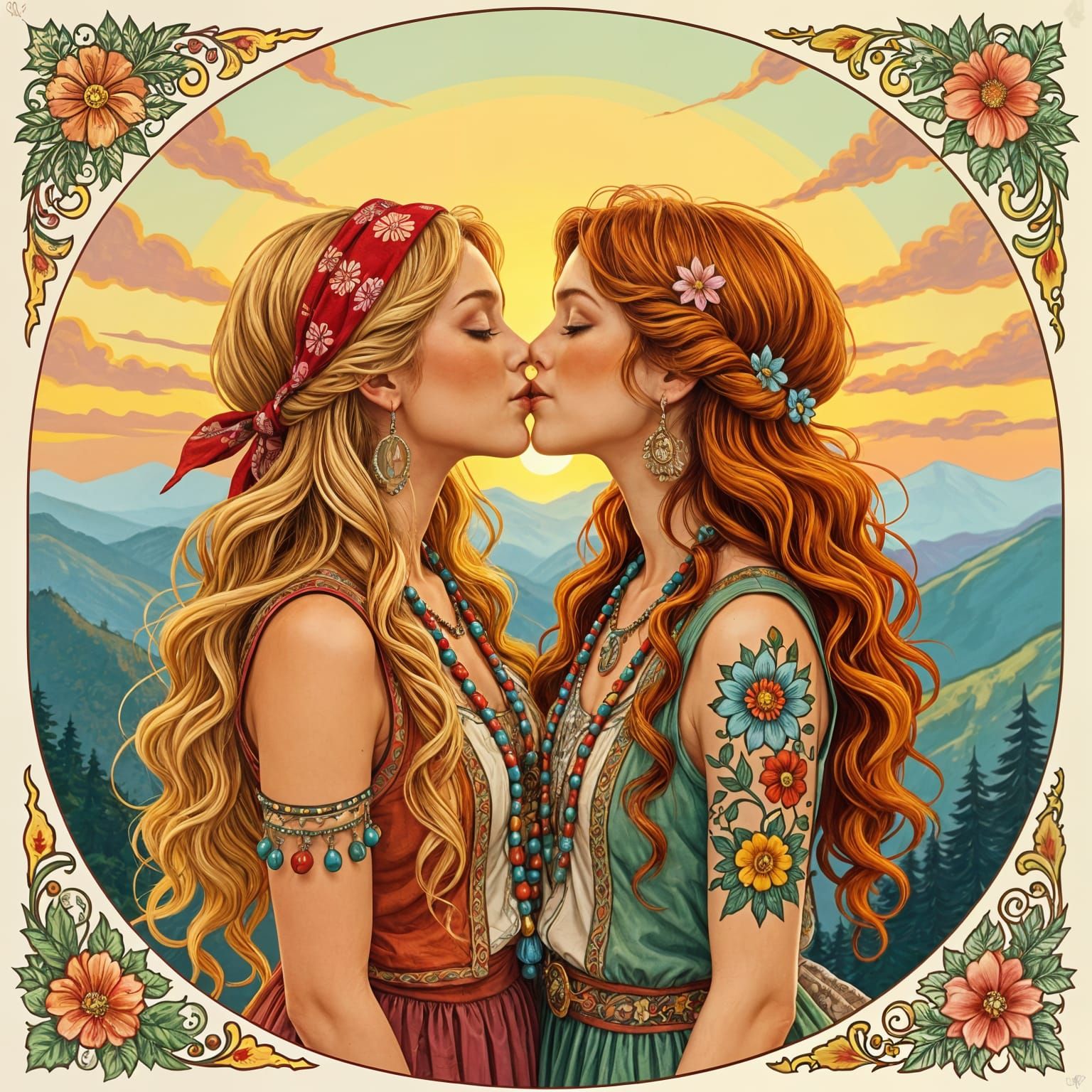 Bohemian Girls Kissing on Mountain Top