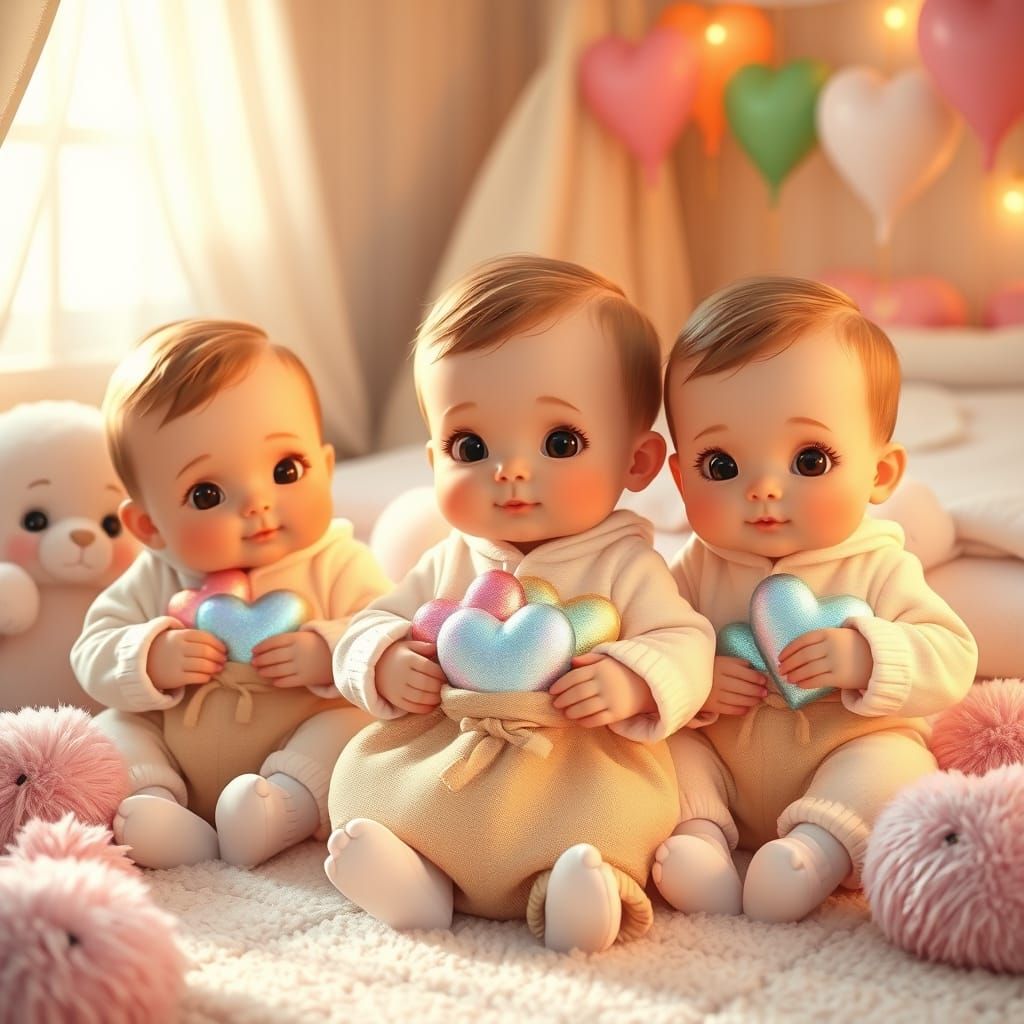 Whimsical Nursery Scene with Adorable Babies and Colorful He...