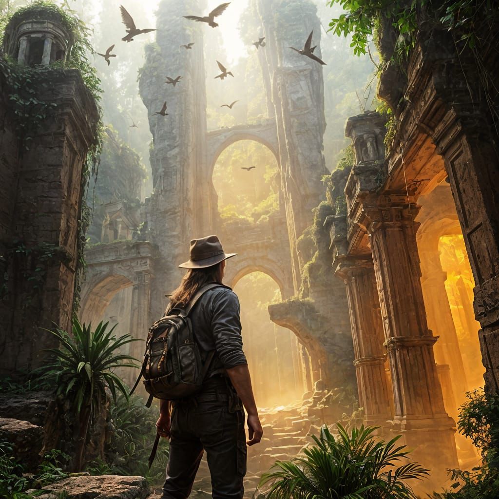 Lone Explorer at Ancient Jungle Temple's Edge