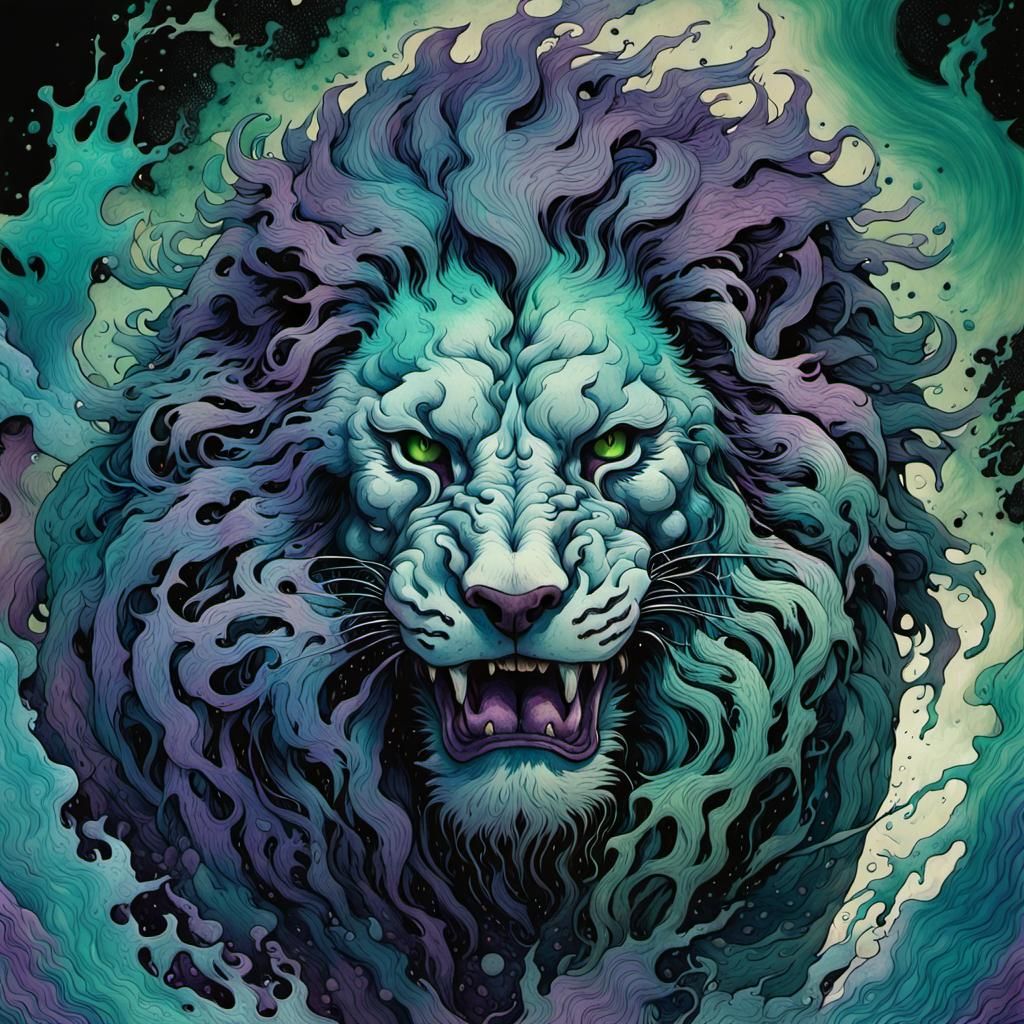 Terrifying Ghost Lion in Liquid Ink Splatter