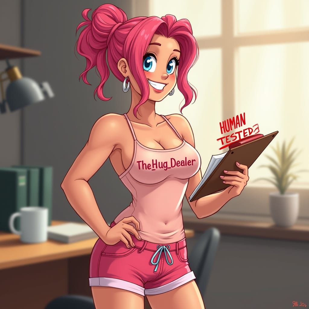 Pink Haired Woman Stamps Document in Cartoon Style