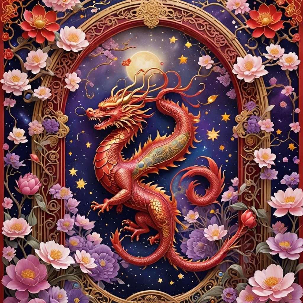 Art Nouveau Fire Dragon Opens Constellation Door