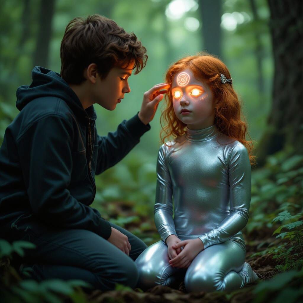 Hypnotic Encounter in Dreamlike Forest, Surreal Aesthetic