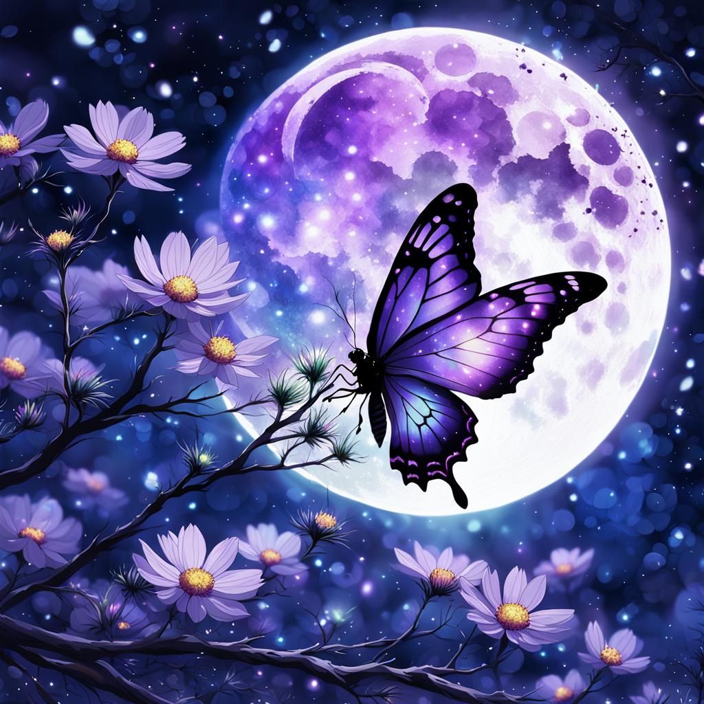 Cosmic Purple Butterfly Anime Still Life