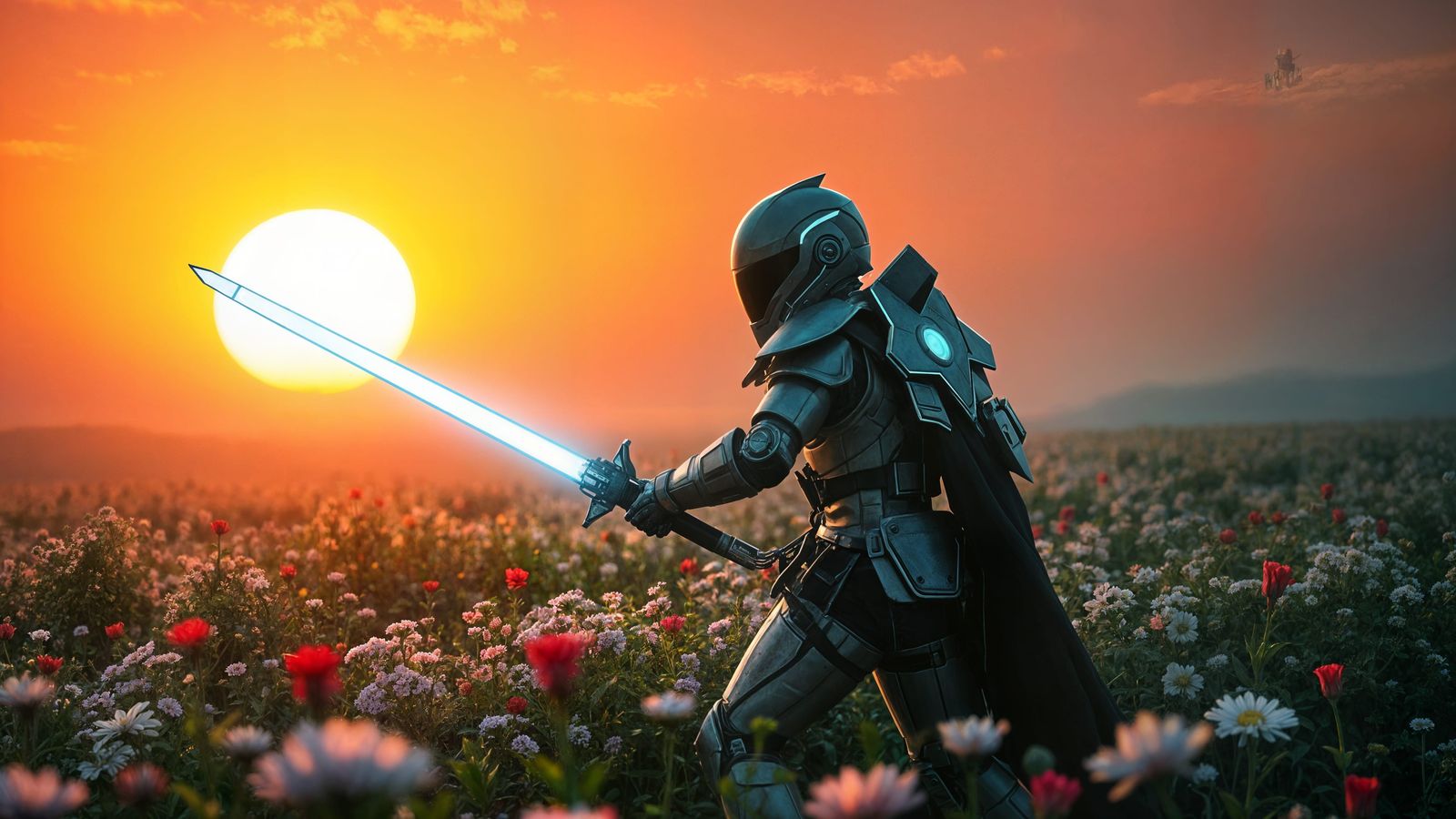 Cybernetic Guardian Defends Springtime Oasis