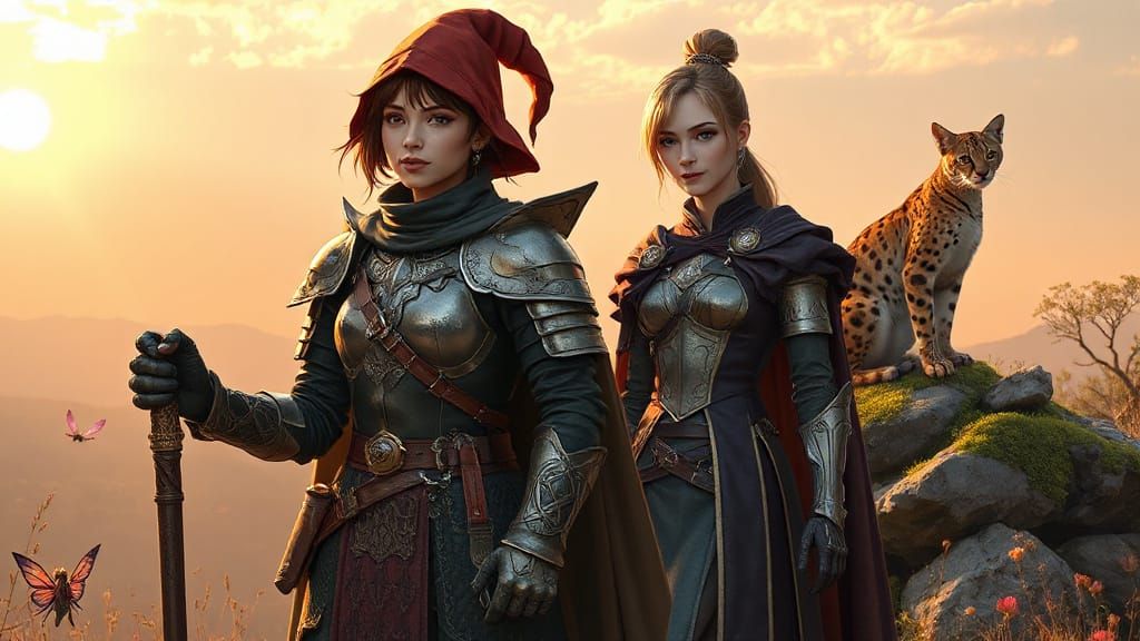 Fantasy Half-Elf Wizard and Armored Companion in Anime Style