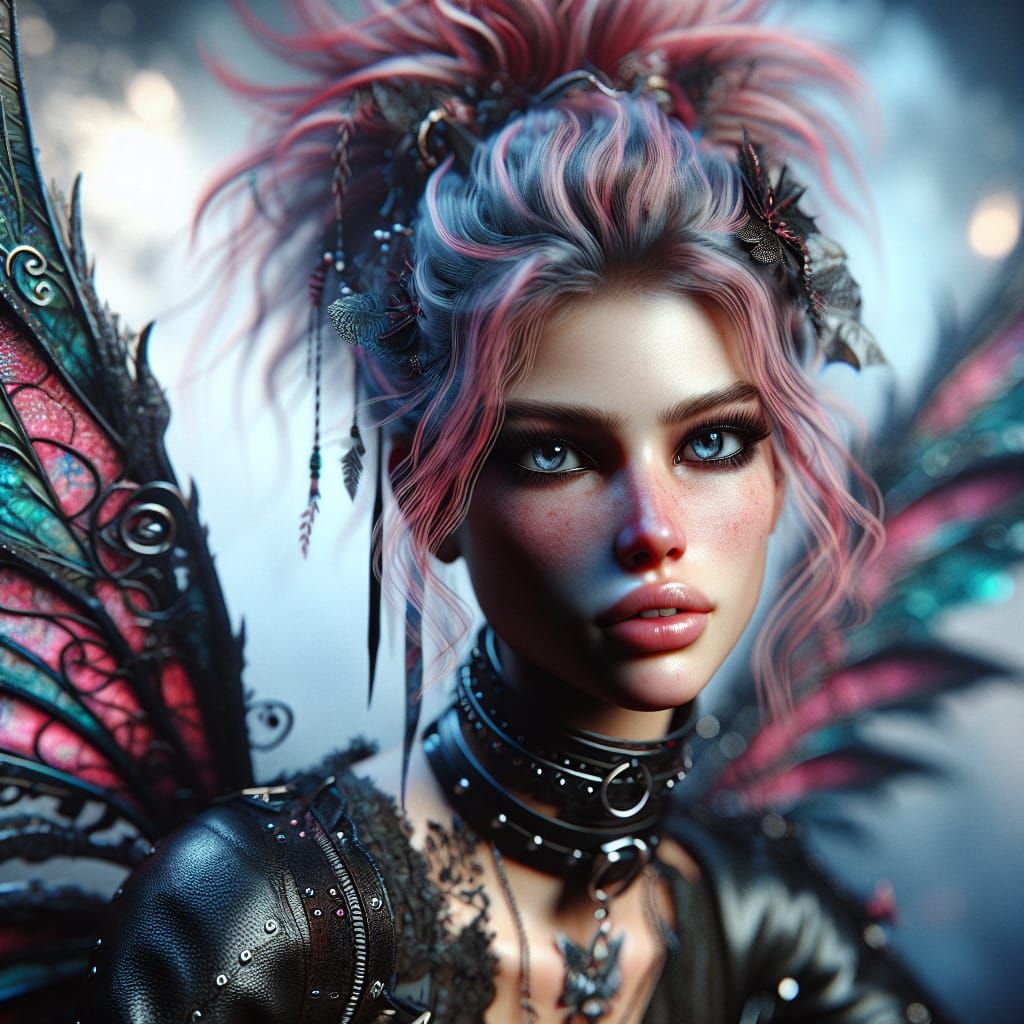 Hyperrealistic Punk Fairy Portrait with Elaborate Wings