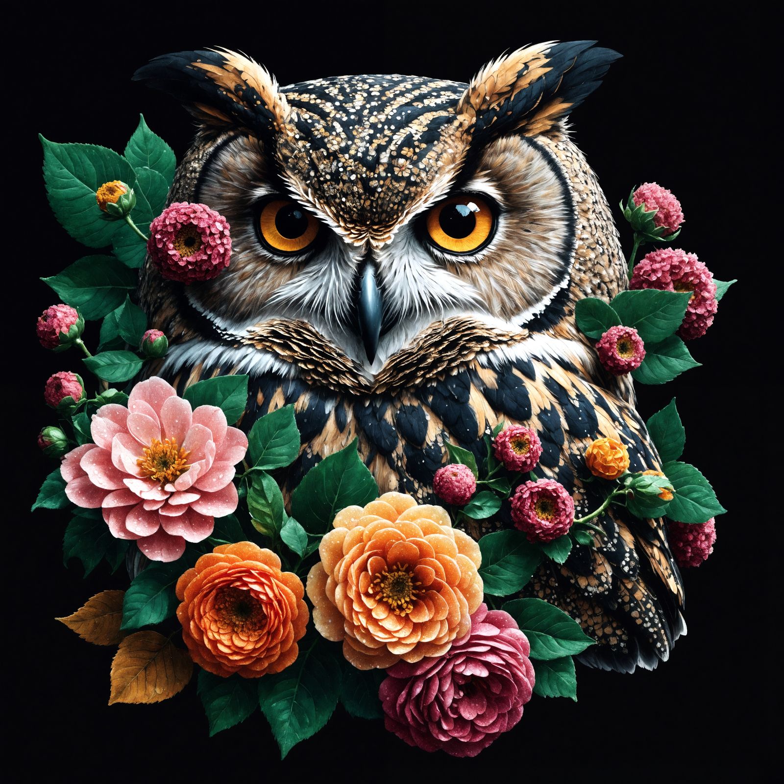 Pointillist Owl Double Exposure with Flowers