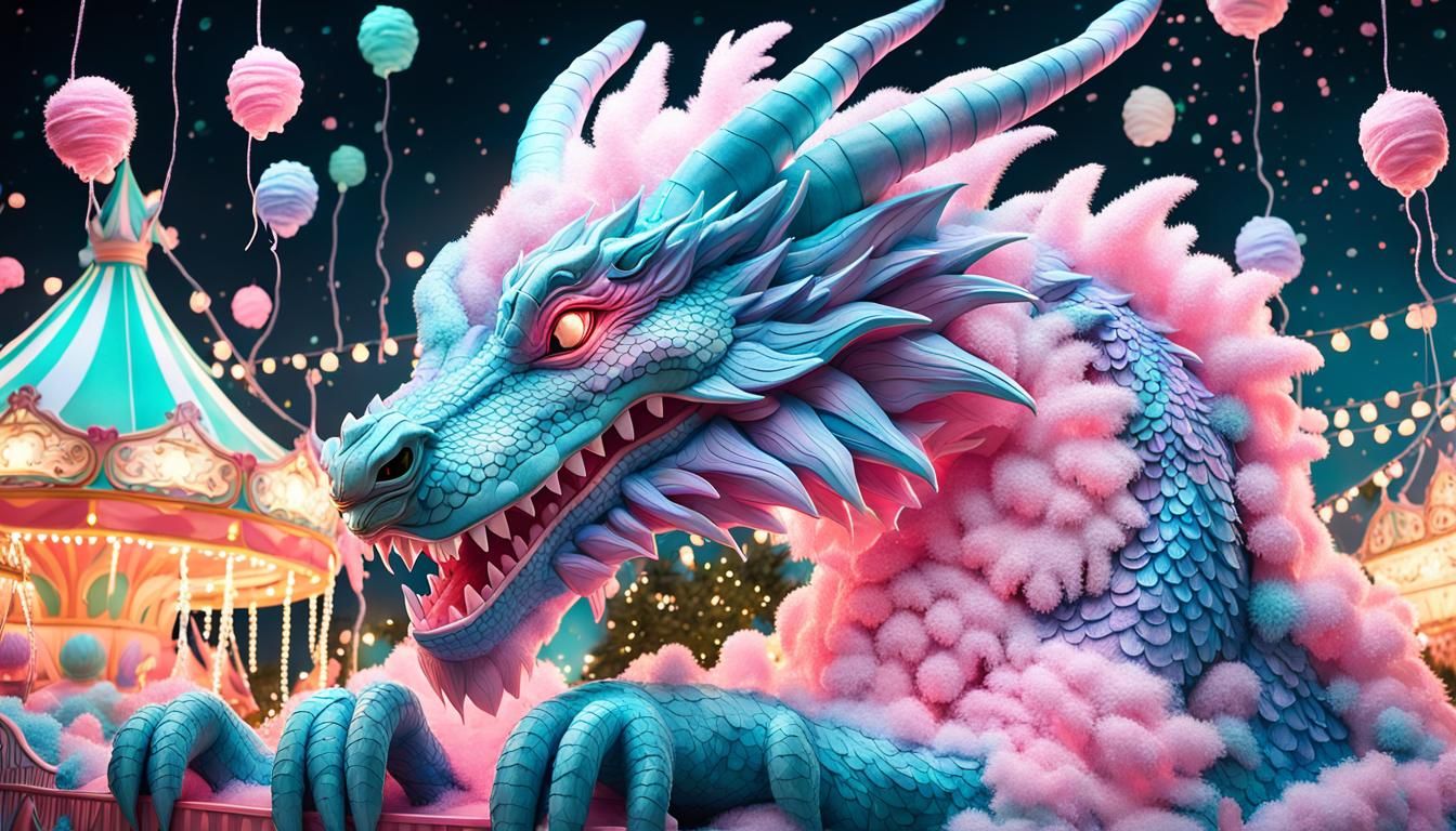 Cotton Candy Dragon on Carnival Float in Whimsical Style