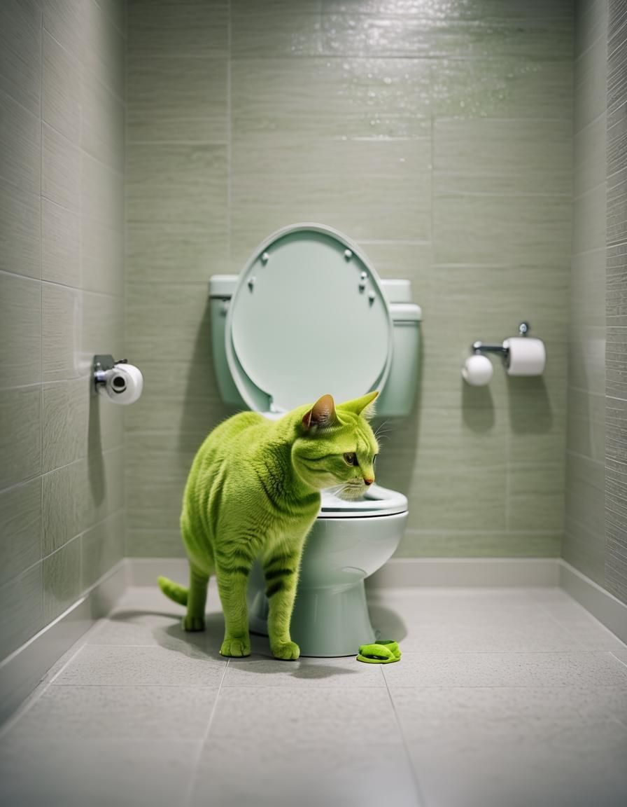 Humorous Green Cat Potty Training Photo