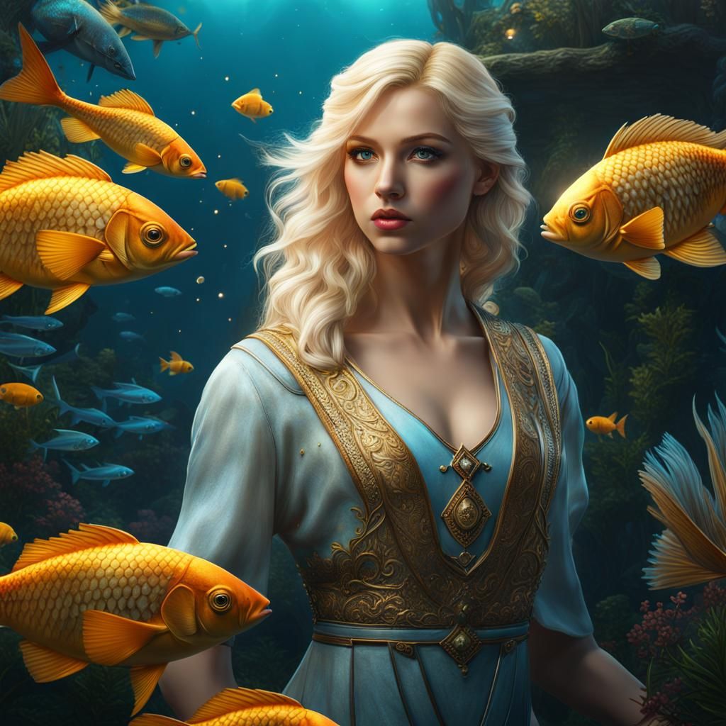 Angelic Blond Girl and Fish Hybrid in Detailed Painting
