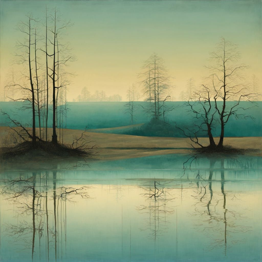 Teal and Beige Morning Landscape in Romantic Style