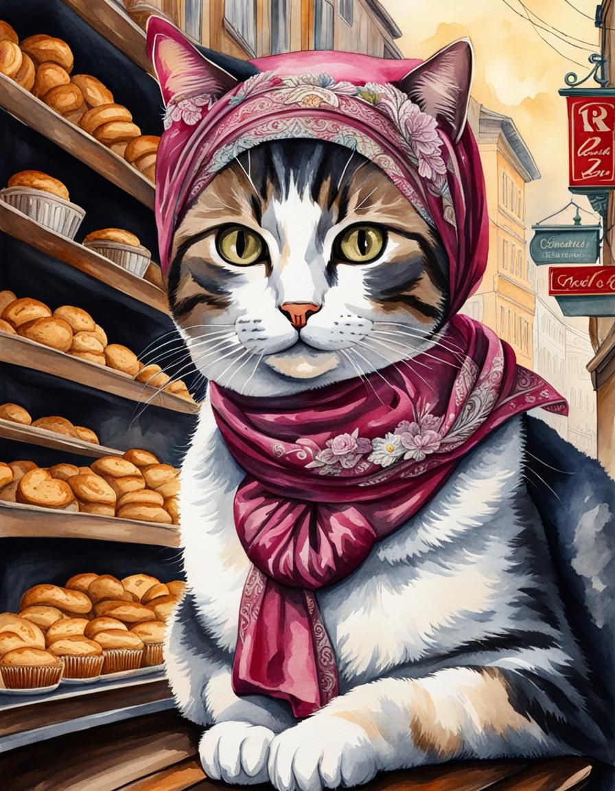 Charming Babushka Cat Portrait, Watercolor and Ink