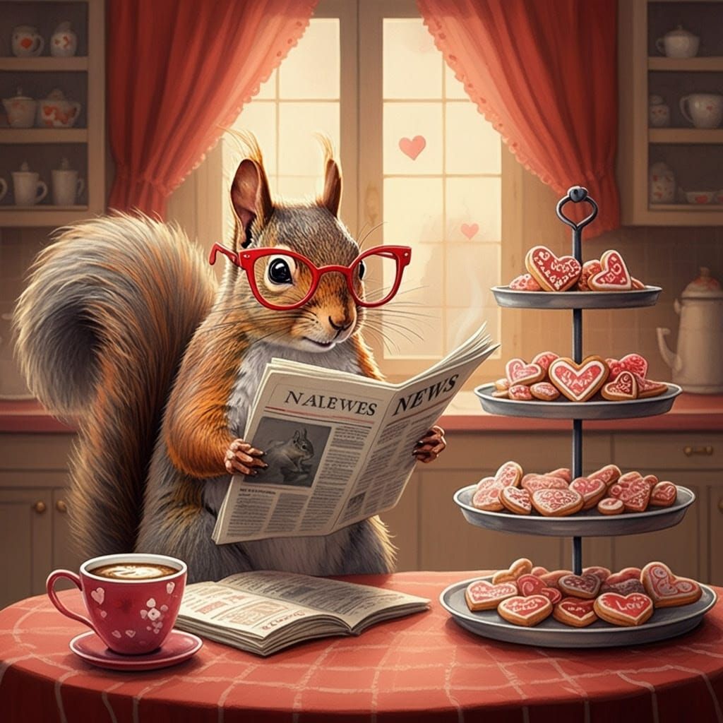 Whimsical Squirrel Sips Coffee in Valentine's Kitchen