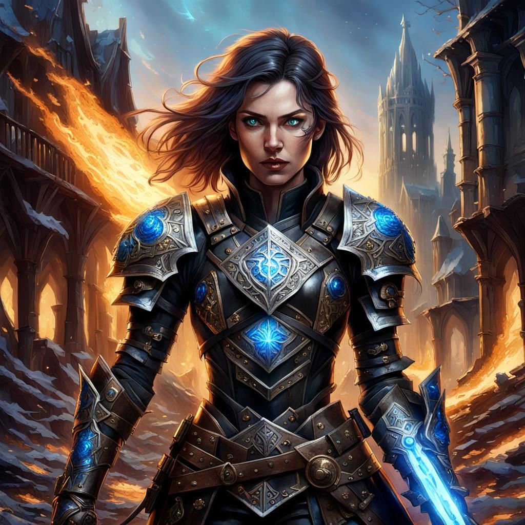 Armored Heroine with Energy Gun in Ruined City