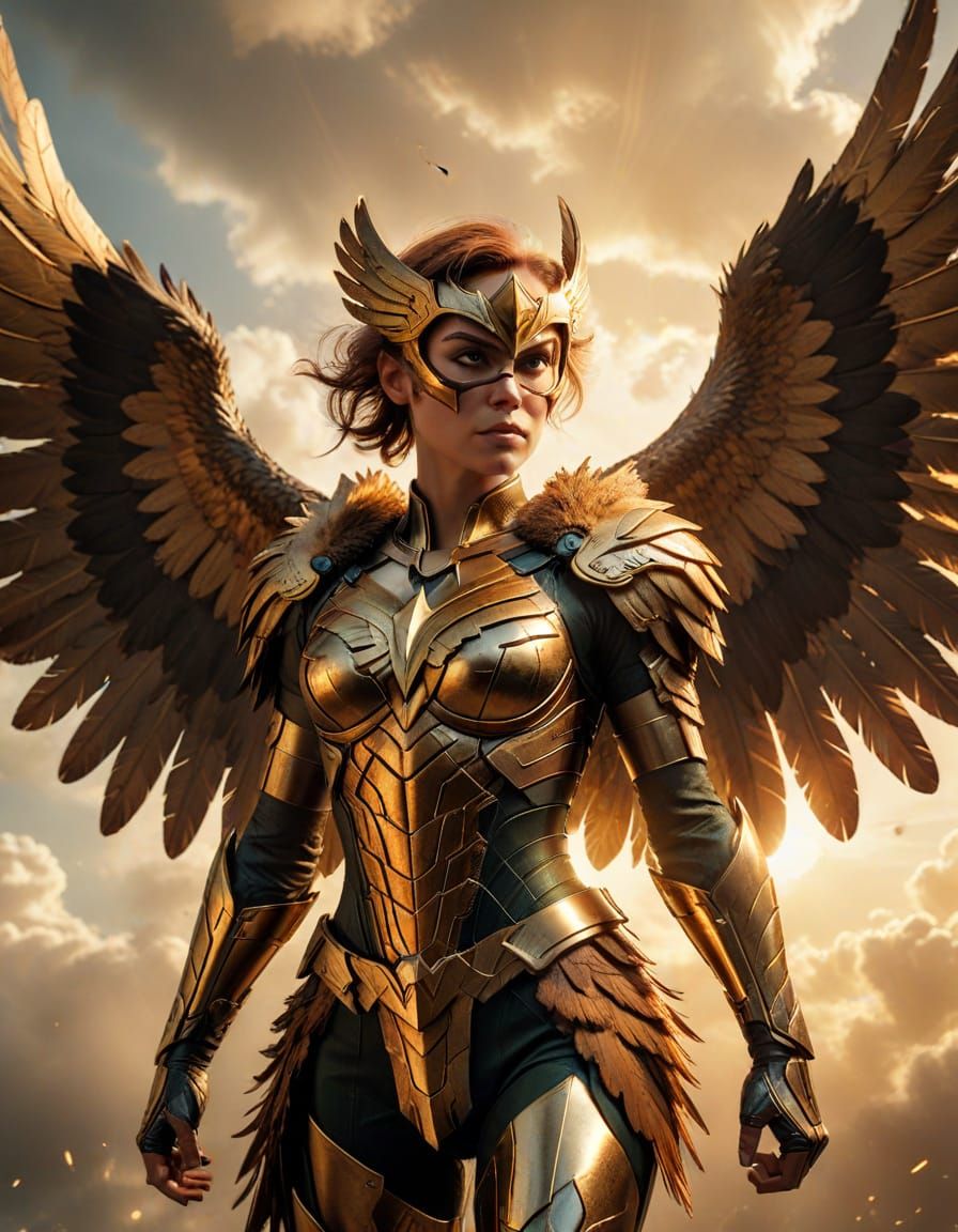 Hawkgirl Illustration with Metallic Armor and Wings