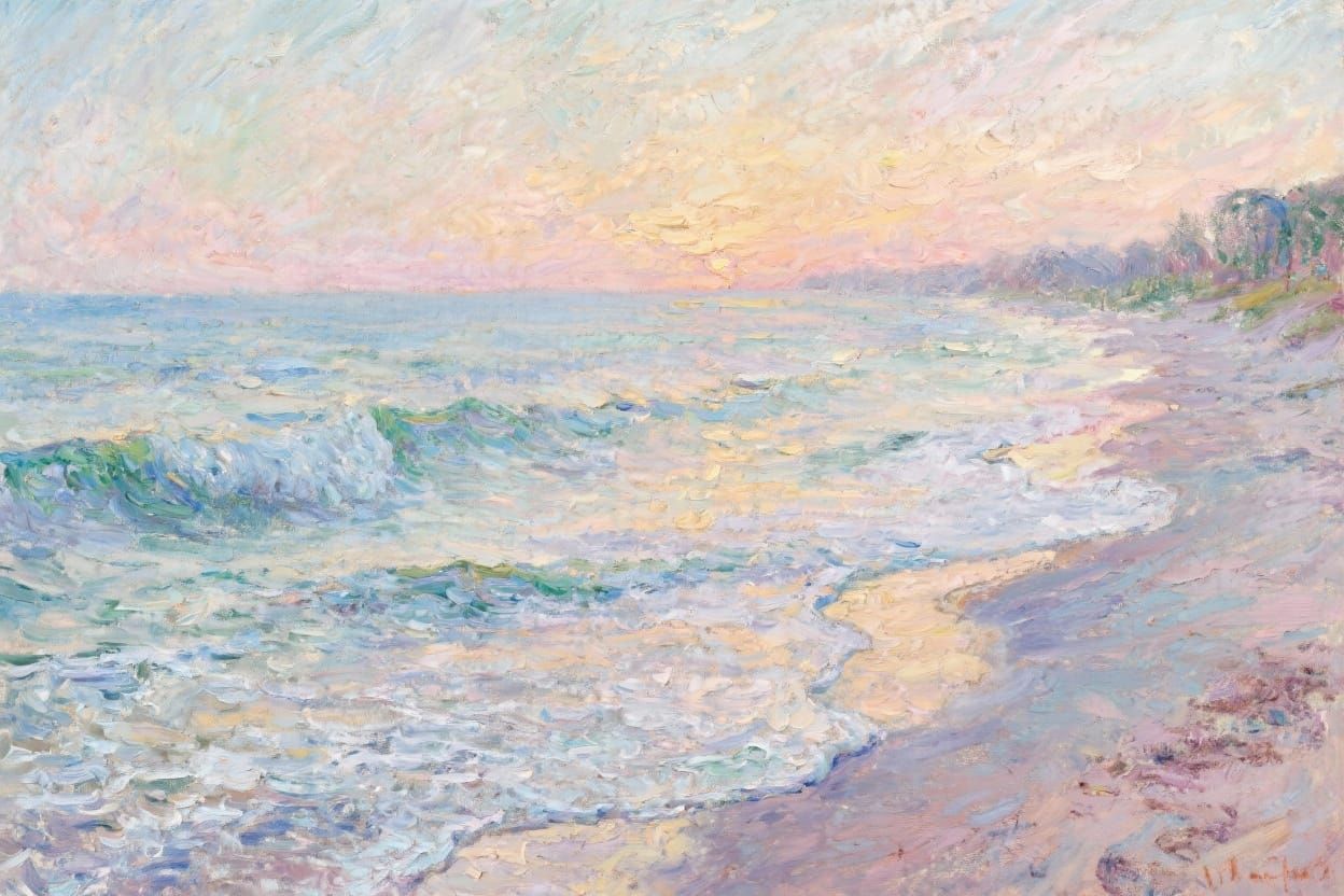 Impressionist Beach Dawn with Pastel Sky