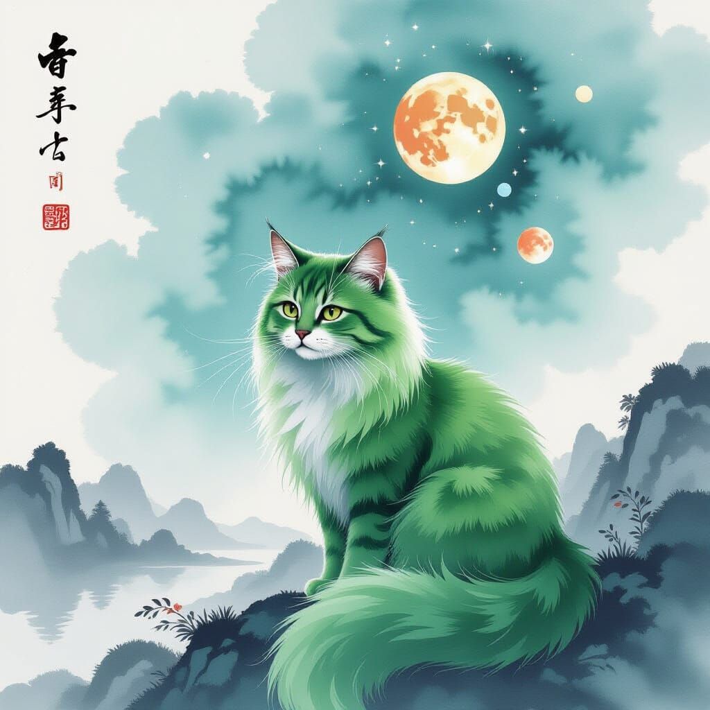 Green Cat with Celestial Ink Patterns in Chinese Watercolor ...