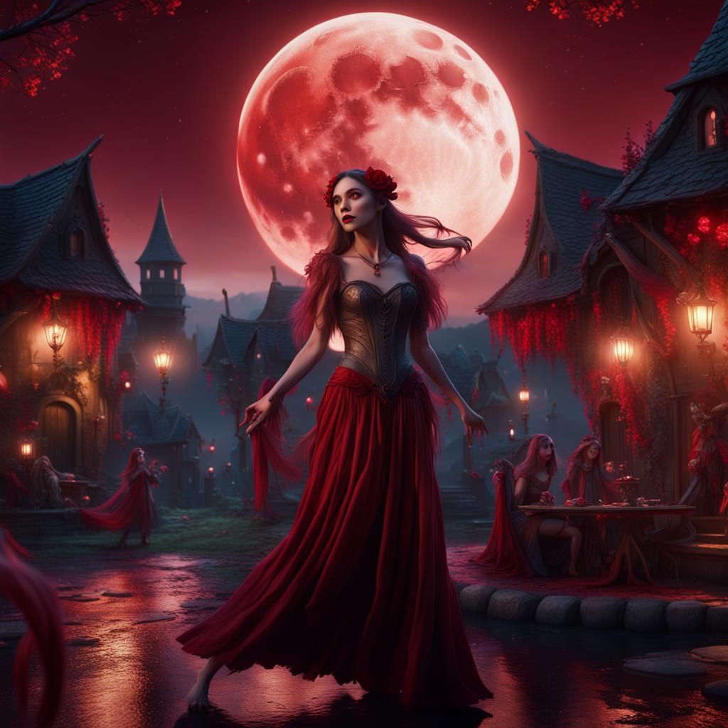 Elegantly Dressed Fairy Dancing Under Blood Moon