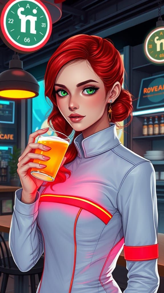 Cyberpunk Woman Sipping Beverage in Amsterdam Cafe
