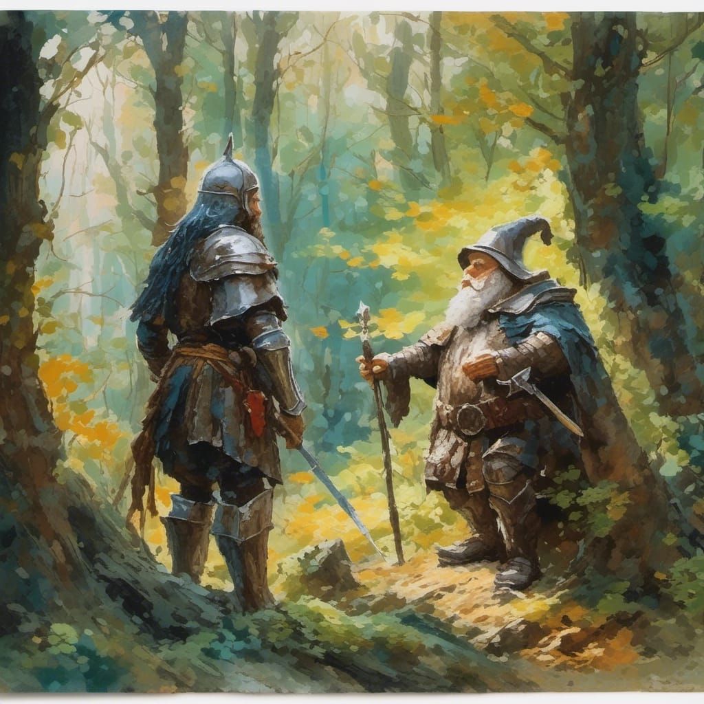 Medieval Knight and Dwarf in Gouache Style