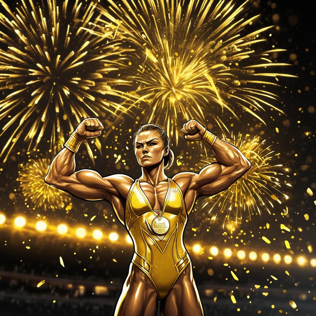 Anime Wrestler Flexing with Gold Olympic Medal