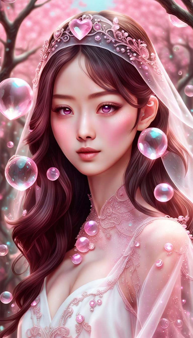 Taiwanese Girl Surrounded by Pink Crystals in 3D