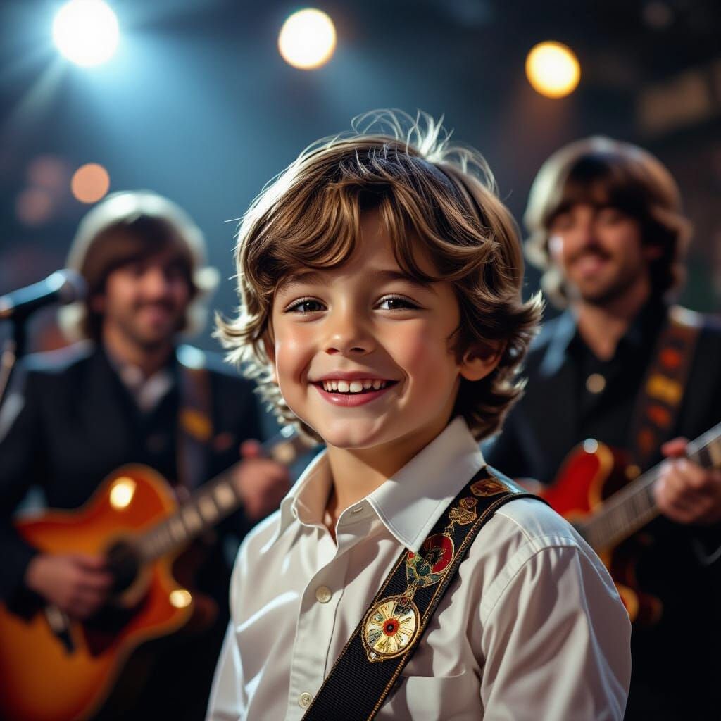 Boy with Beatles on Podium, Photorealistic Portrait