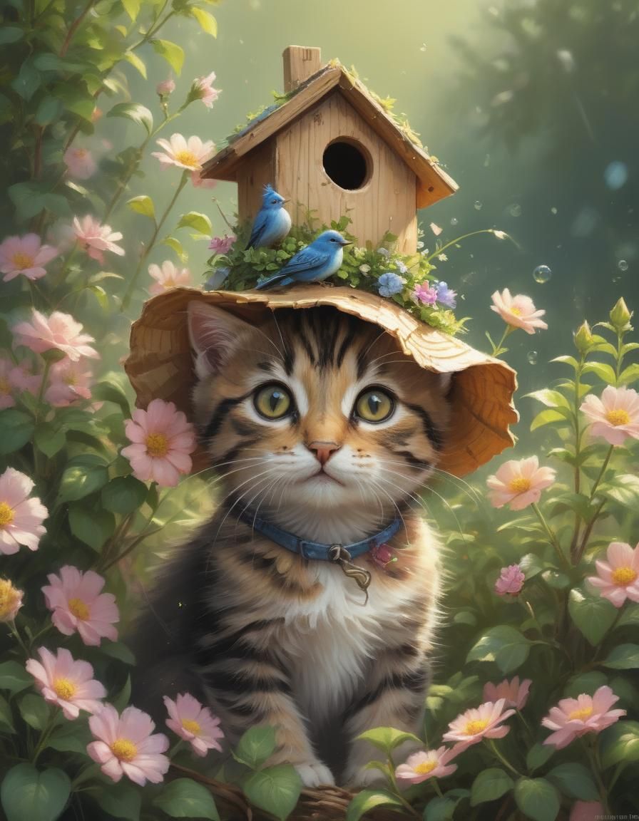 Kitten Camouflaged in Flowers as Oil Painting