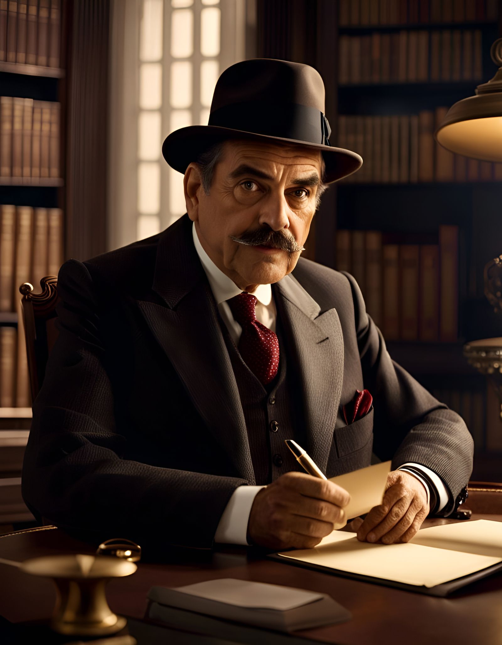 Hercule Poirot Portrait Writing His Memoirs