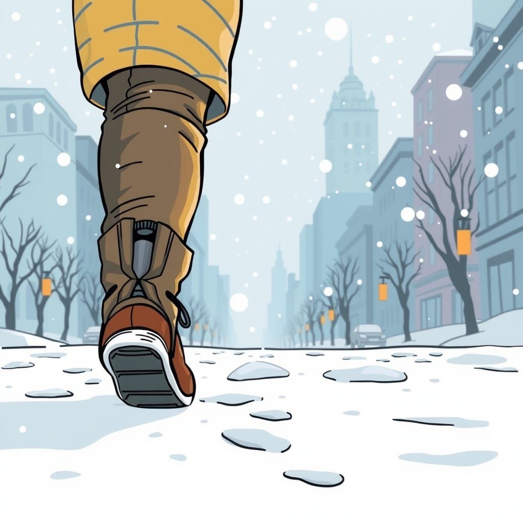 Cartoon Person Walking in Snow, Digital Illustration