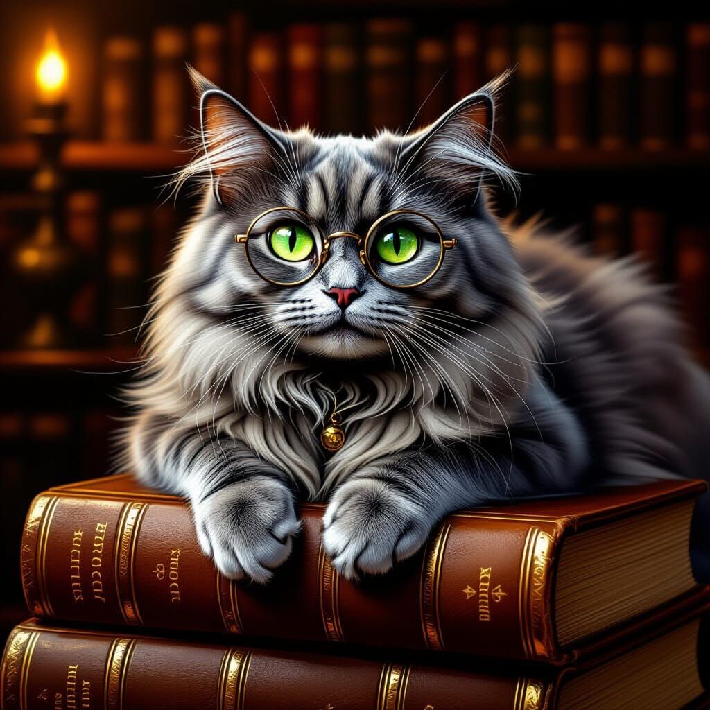 Wise Grey Cat in Spectacles on Books