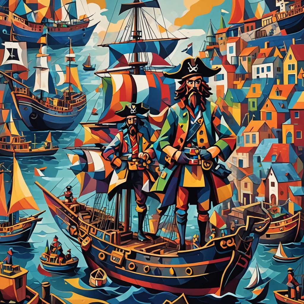 Cubist Pirates in Harbor: Geometric Fauvism Painting