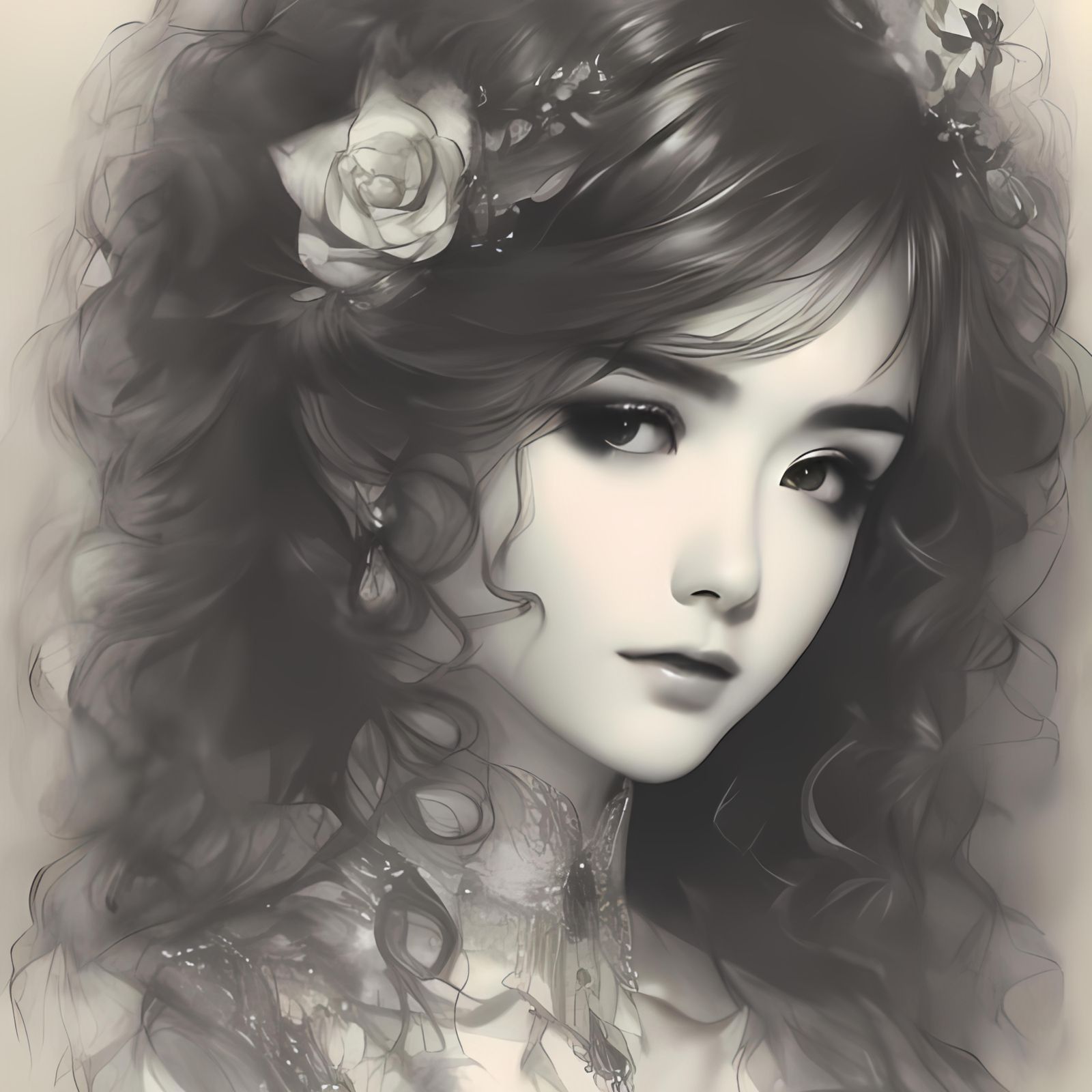 Floral Bust in Rococo Scenery with Ink Drips