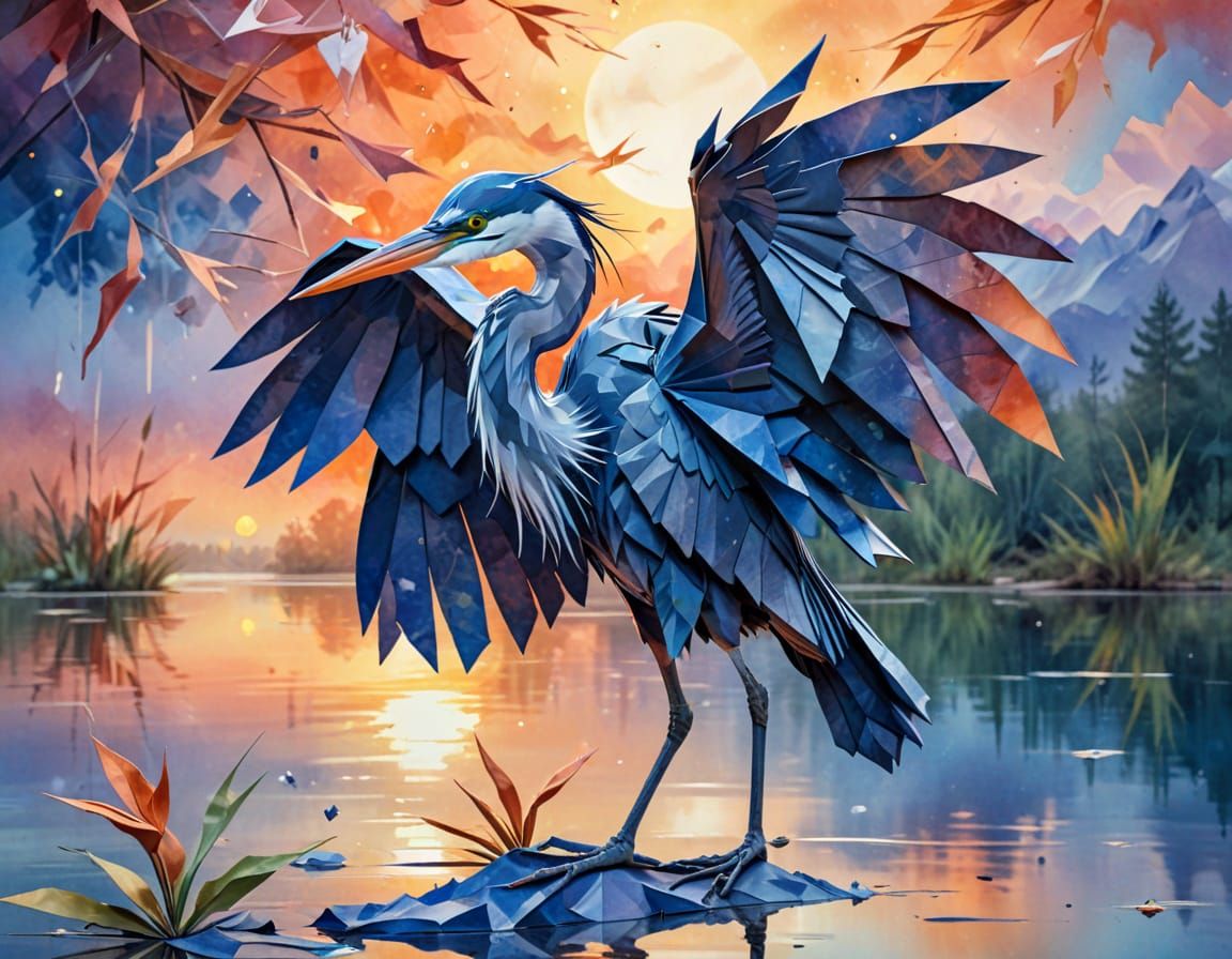 Surreal Origami Heron on Cosmic Lake
