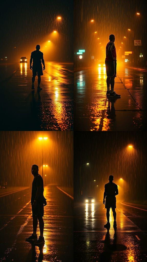 Golden Light Basketball Player in Rainy Night