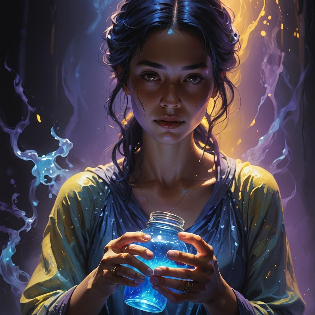 Woman with Glowing Jar: Dark Fantasy Concept Art