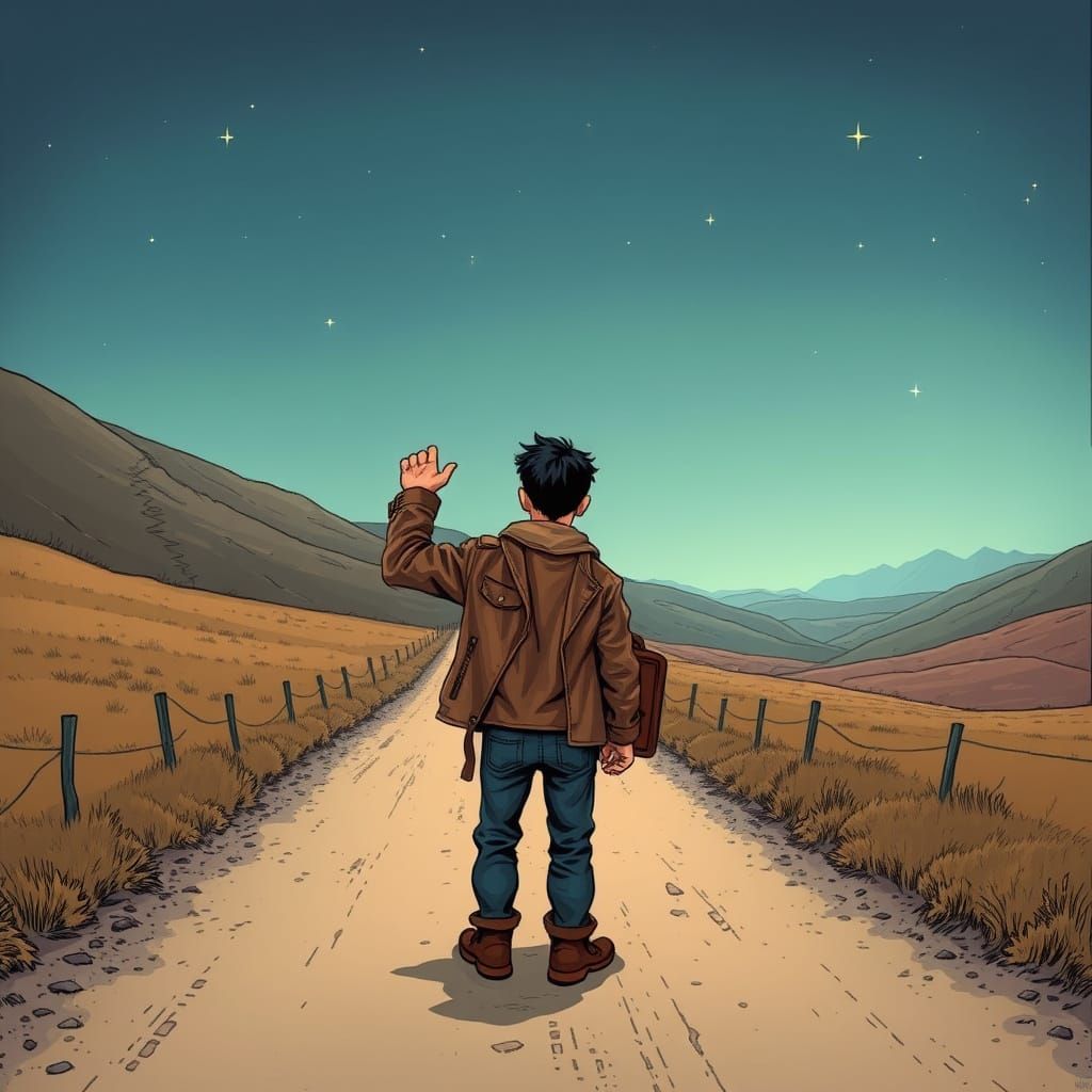 Lone Hitchhiker on a Rural Road in Whimsical Style