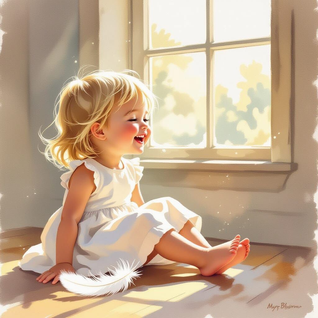 Child's Joy as Feather Tickles Her Foot in Dappled Sunlight