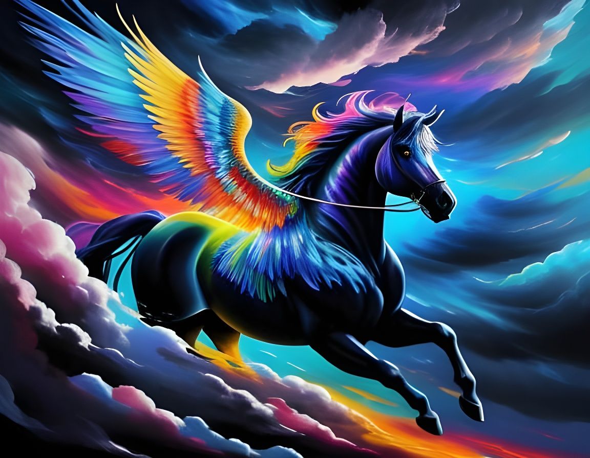 Dreamlike Pegasus Soars Amidst Swirling Clouds in Abstract E...
