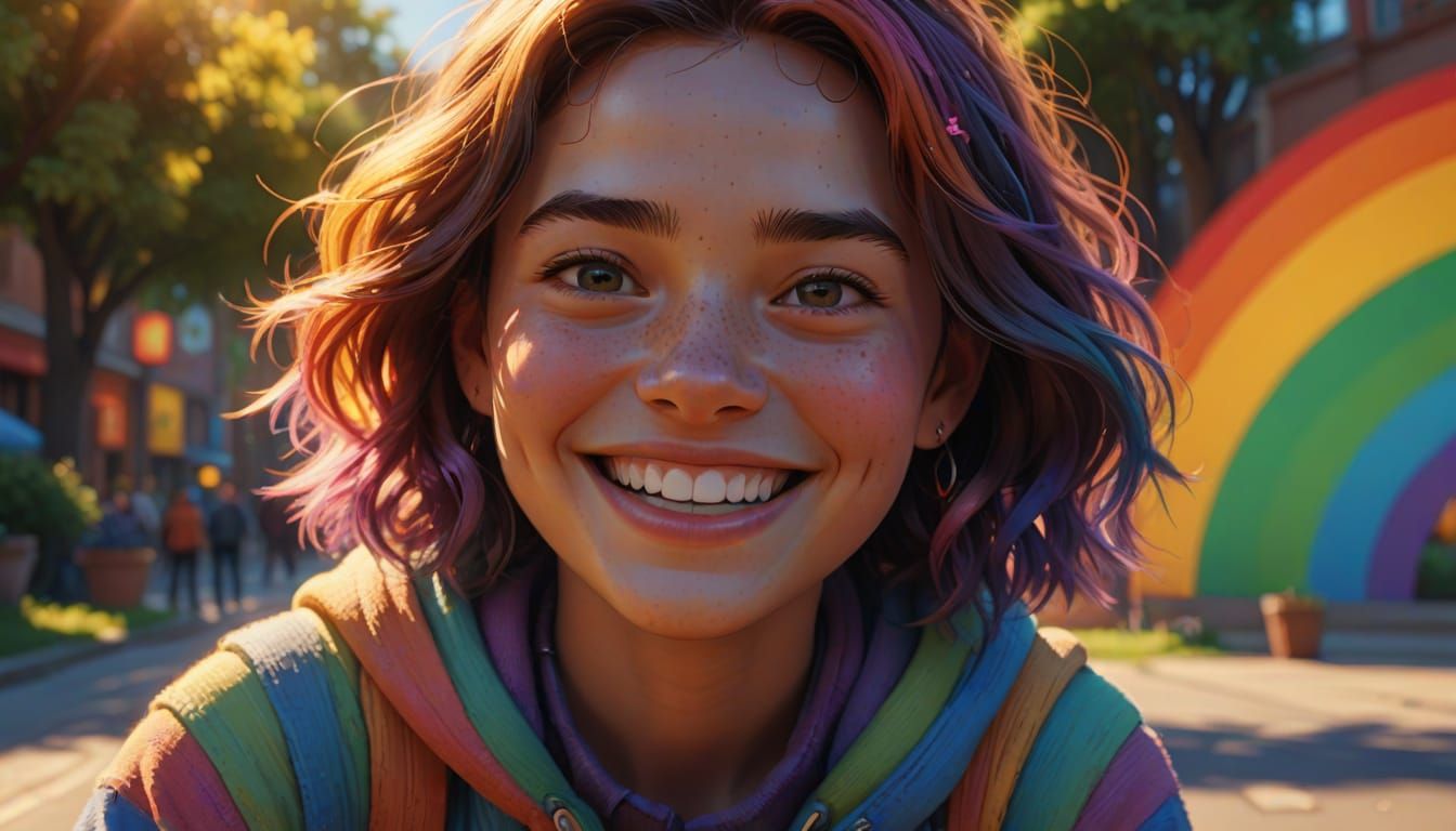 Smiling Person in Pixar Style with Rainbow Colors