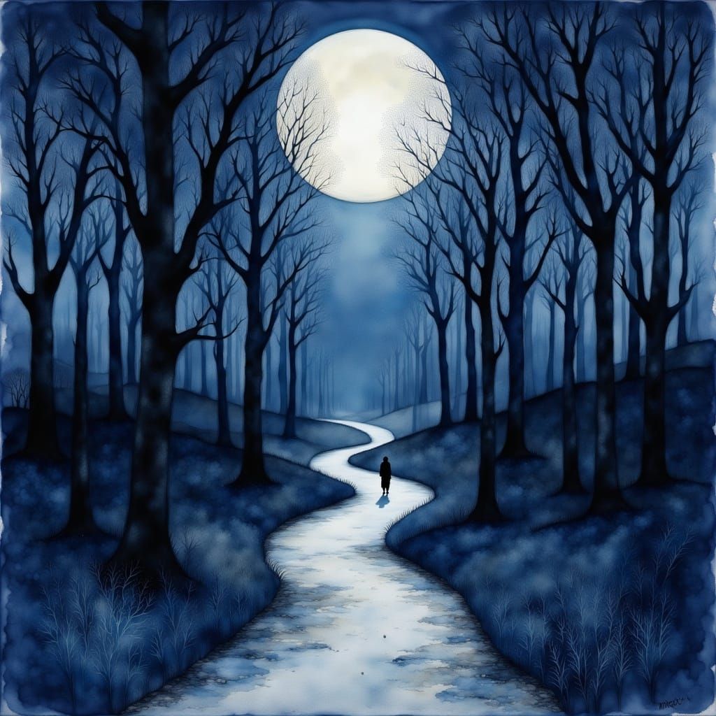 Surreal Gothic Forest Under Silvery Moonlight in Watercolor ...
