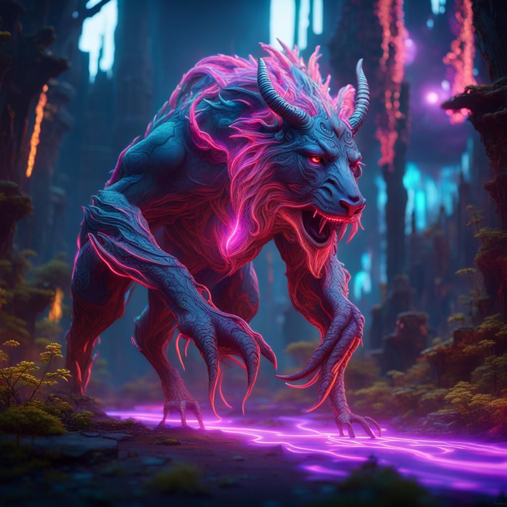 Mystical Creature with Neon Lights and Holographic Tech