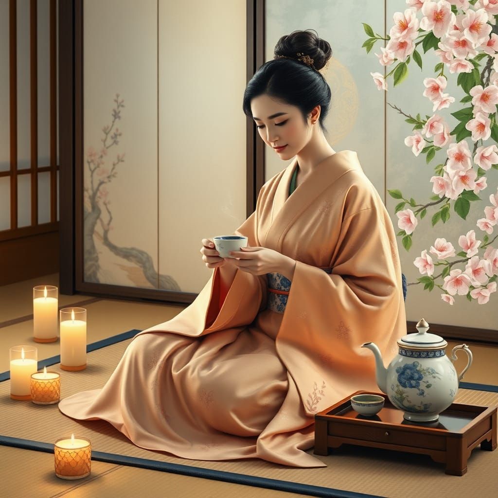 Elegant Japanese Woman in Kimono at Tea Ceremony