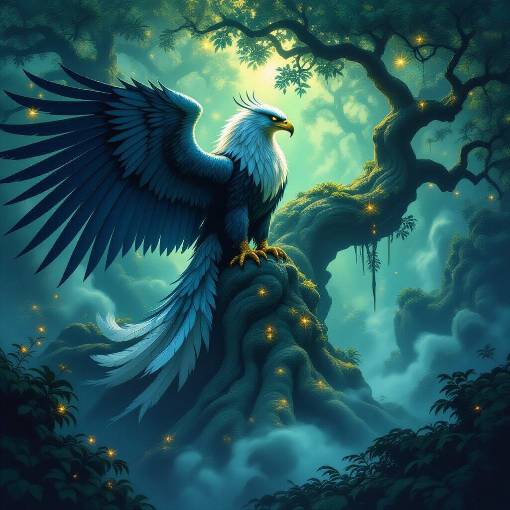 Majestic Griffin in Bioluminescent Forest