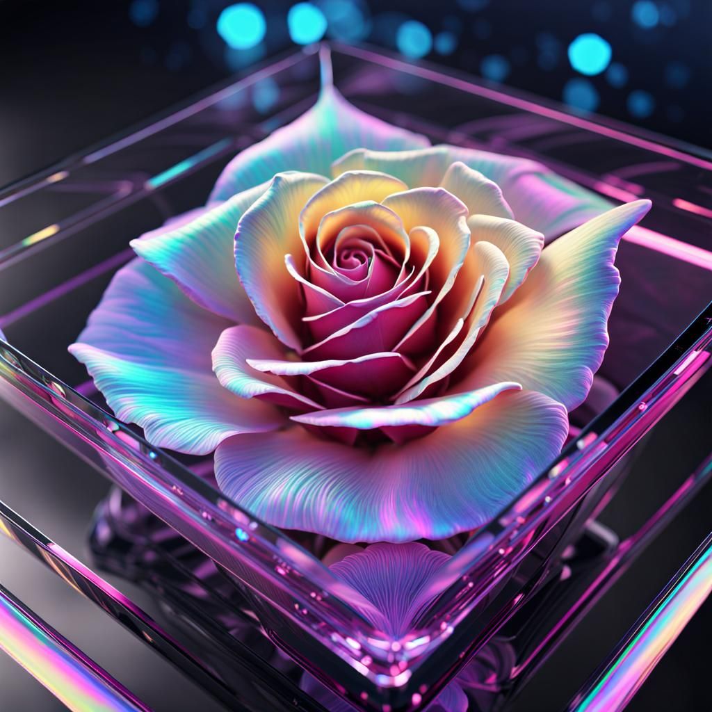Holographic Rose in Glass Case: Futuristic Digital Art